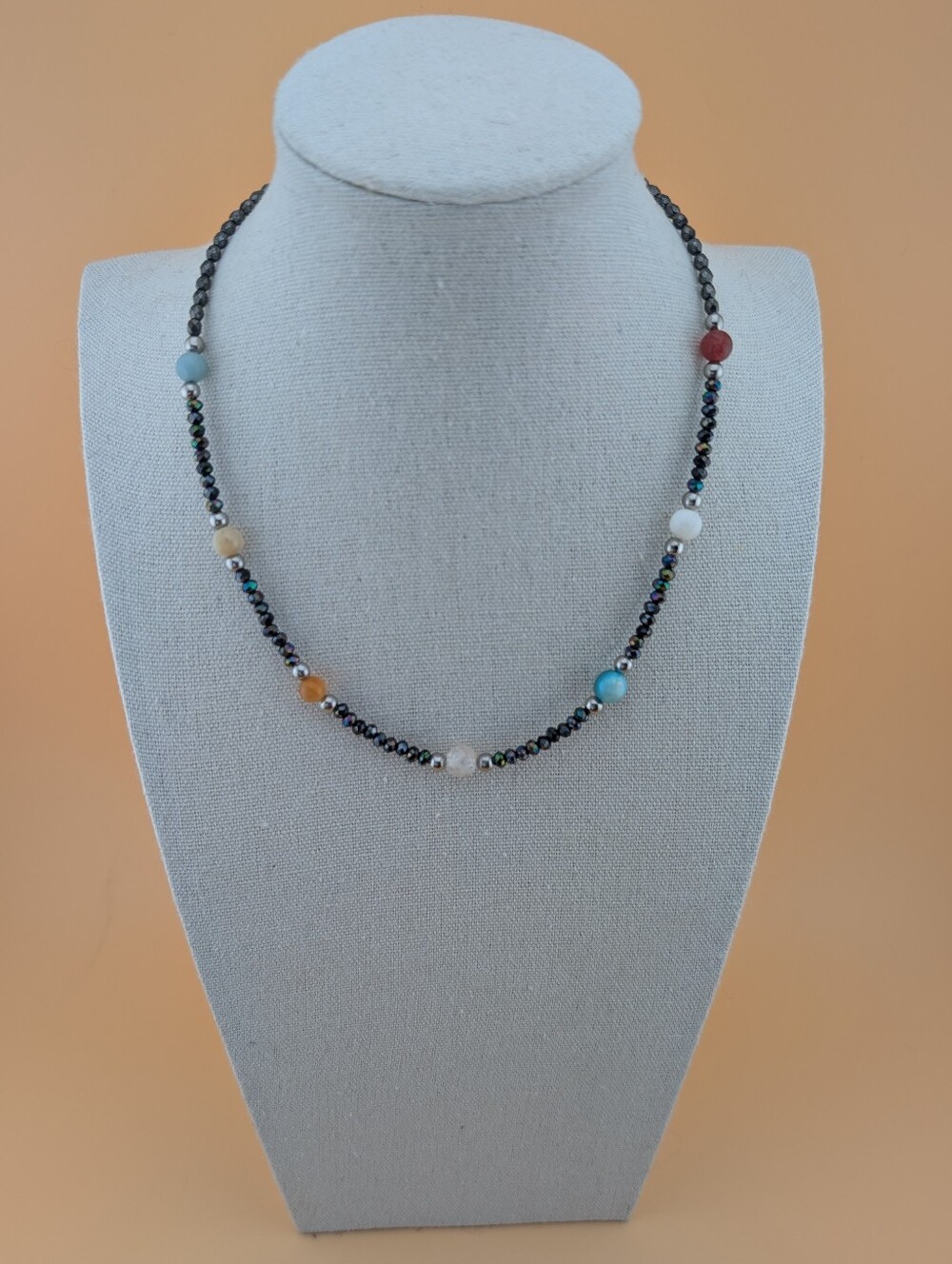 Gemstone & Black Crystal Boho Beaded Choker Necklace